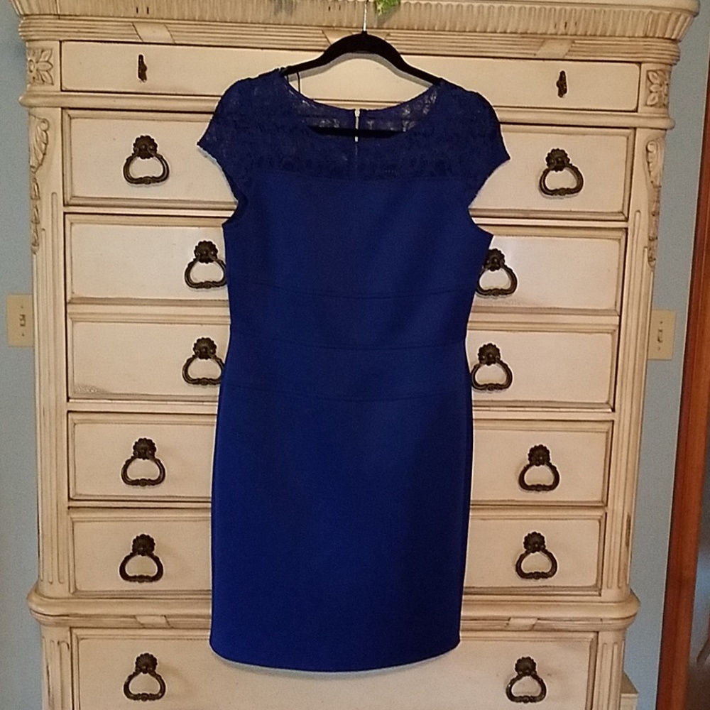 Metaphor cobalt blue dress with lace shoulders